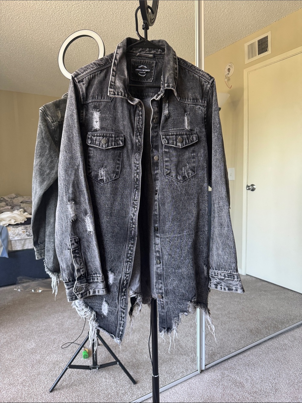 American Bazi Black Washed Distressed Denim Jacket L